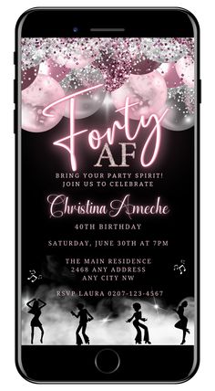 Mauve Pink Silver Neon | 40AF Birthday Evite featuring customizable black and white design with pink and white balloons, silhouettes of dancing figures, editable via Canva. Neon Balloons, Birthday Evite, Invite Ideas, 40th Birthday Invitations, Birthday Video, Invite Template, 40th Birthday Parties, Invitation Card Design, Birthday Gif