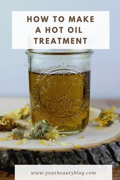 How to make a hot oil treatment for hair.  This DIY natural hair treatment is great for dry or damaged hair.  How to do a hot oil treatment. Make your own recipe for any hair type.  Homemade hair diy recipe with carrier oils, essential oils, and herbs. Get healthy hair with this tip for hair.  Use avocado oil, argan oil, or other carrier oil.  #hotoil #diyhaircare #hair #naturalbeauty Avocado Oil For Hair, Diy Hair Care Recipes, Hair Oil Recipe, Jojoba Oil Hair, Diy Hair Oil, Oils Essential