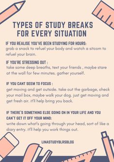 a poster with some writing on it that says types of study breaks for every situation