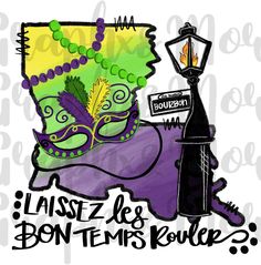 a drawing of a mardi gras mask on top of a lamp post with the words laze le bontemis roule