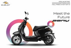 a black scooter is shown with the words meet the future in front of it