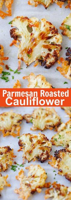 roasted cauliflower with parmesan cheese and herbs on the top is shown