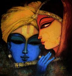 an artistic painting of two women with blue and yellow makeup, one holding her face to the other's chest