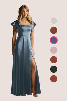 a woman in a long blue dress standing next to different color swatches and colors