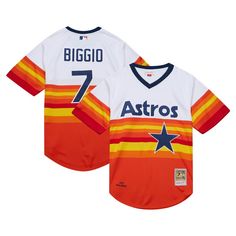 the houston astros jersey is shown in red, yellow and blue with stars on it