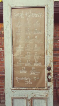 an old door with a seating chart on it