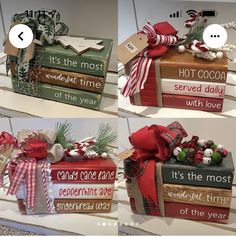 three different pictures of presents wrapped in red and green ribbons, with the words it's the most wonderful time of the year on them