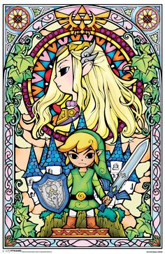 the legend of zelda stained glass window with link between her and prince zelda