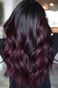 Hair Color Trends Dark Hair, Wine Red Hair Color Highlights, Cherry Wine Hair Color With Highlights, Dark Brown Burgundy Hair Balayage, Black Hair With Cherry Highlights, Cherry Red Hair Ideas, Cherry Cola Balayage On Black Hair, Dark Hair Red Money Piece, Black Hair Two Tone