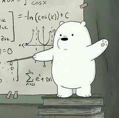 a polar bear standing on top of a pile of books in front of a whiteboard