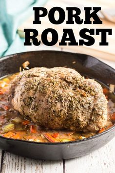 pork roast in a cast iron skillet with text overlay