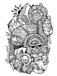 a black and white drawing of a mask with many different designs on the face, including an