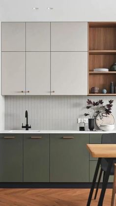 a kitchen with wooden floors and white cabinets