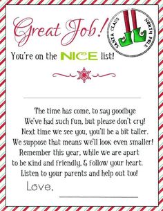 a christmas card with the words, great job you're on the nice list