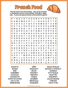 a printable word search for french food with the words in english and spanish on it