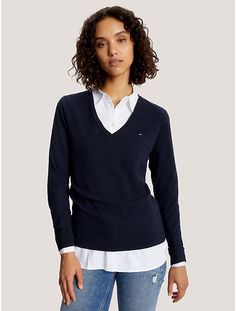 Stripe Boatneck Sweater | Tommy Hilfiger Tommy Hilfiger Women Outfit, Vneck Sweater Outfit, Vneck Outfit, Navy V Neck Sweater, Tommy Hilfiger Store, Navy Blue Sweater, Tommy Hilfiger Sweater, Boatneck Sweater, Tommy Hilfiger Women