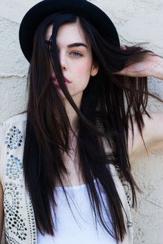 This Model's name is Raina Hein: we grew up in the same town. Black Hair Color Pale Skin, Warm Black Hair Color, Hair Color Pale Skin, Warm Black Hair, Raina Hein, Black Extensions, Long Eyebrows, Jasmine Brown