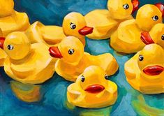 a painting of many yellow rubber ducks