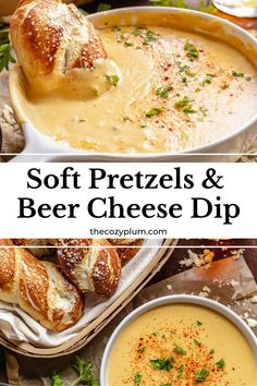 soft pretzels and beer cheese dip in a bowl with bread on the side