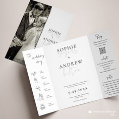 two wedding program booklets on top of each other, with an image of the bride and groom