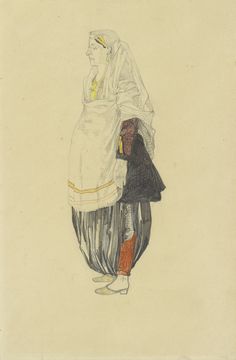 a drawing of two women in traditional garb, one wearing a veil and the other carrying a purse