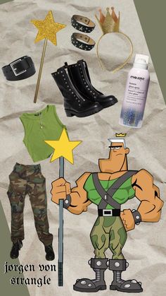 an image of a cartoon character in the sand with shoes and other items around him