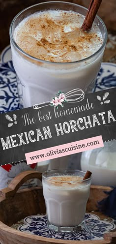 the best homemade mexican horchata is served in a glass with cinnamon sticks on top