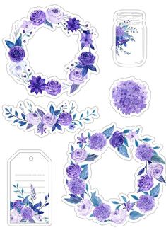 purple flowers and leaves are arranged in the shape of a circle, with tags on each side