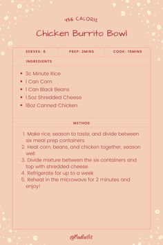 the menu for chicken burrito bowl is shown in pink and white, with an image of