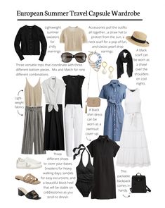 11 piece capsule wardrobe makes 24 unique outfit combinations and it all fits in your carry-on suitcase! European Summer Travel, Europe Summer Travel, European Travel Outfit, Comfortable Travel Outfit, Cruise Attire, Europe Travel Outfits