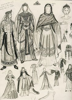 some drawings of medieval costumes from the early century, including gowns and headpieces