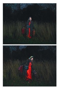 two pictures of a woman in red dress and black coat standing in tall grass with suitcases