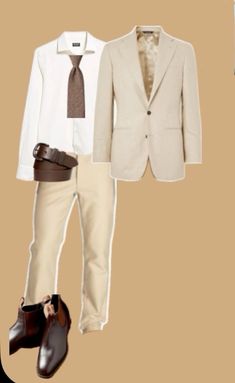 a man's outfit and shoes are shown in this image, including a white suit with brown tie