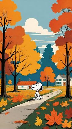 a painting of a dog walking down a path in the fall