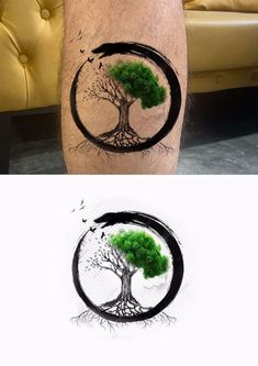 two pictures with trees on them, one is green and the other has black ink