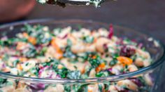 a close up of food in a glass bowl