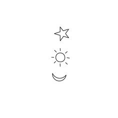 a black and white drawing of the sun and stars