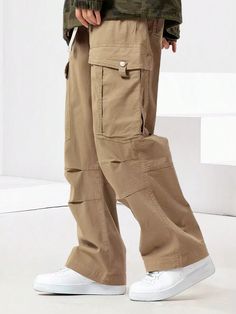 Khaki Casual,Street Collar  Woven Fabric Plain Straight Leg Embellished Non-Stretch  Men Clothing Men Cargo Pants Outfit, Y2k Cargo Pants, Mens Cargo Trousers, Cargo Pants Style, Guys Fashion, Fashion Design Patterns, Men Pants, Streetwear Men