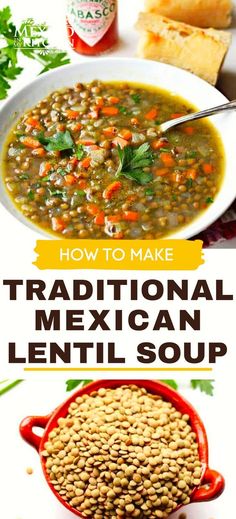 a bowl filled with lentula soup next to bread