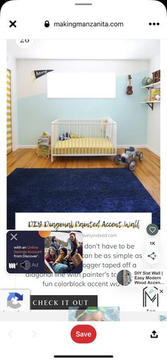 an image of a baby's room with blue carpet and yellow crib