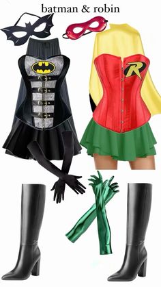 batman and robin cosplay costumes are shown in three different colors, including black, red