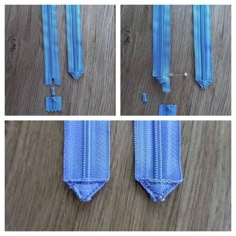 four pictures showing how to use zippers for sewing and other things on the table