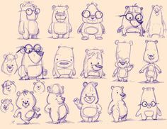 a bunch of cartoon bears standing in different poses with glasses on their heads and arms