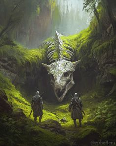 two men in armor are walking towards a dinosaur skull