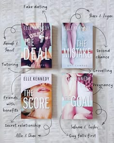 four book covers with different words on them