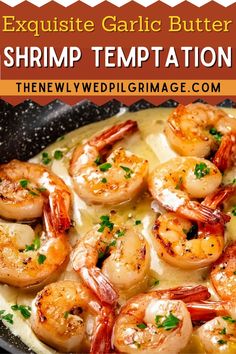 a skillet filled with shrimp and sauce