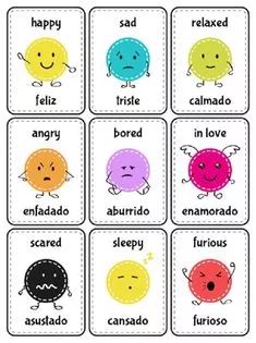 the words in spanish are made up of different colors and shapes, with smiley faces on them