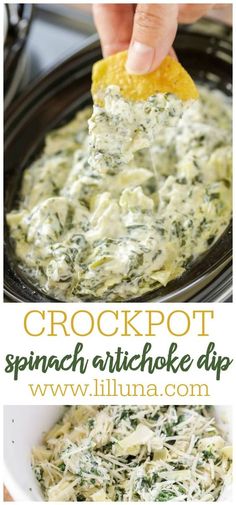 crockpot spinach artichoke dip is an easy appetizer that everyone will love