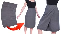 the woman is wearing a skirt with an arrow pointing to her right and left side