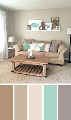 a living room filled with furniture and color swatches in shades of brown, blue, green